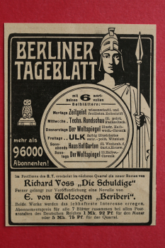 Blatt Historische Werbung Berliner Tagblatt 1905 Zeitung
